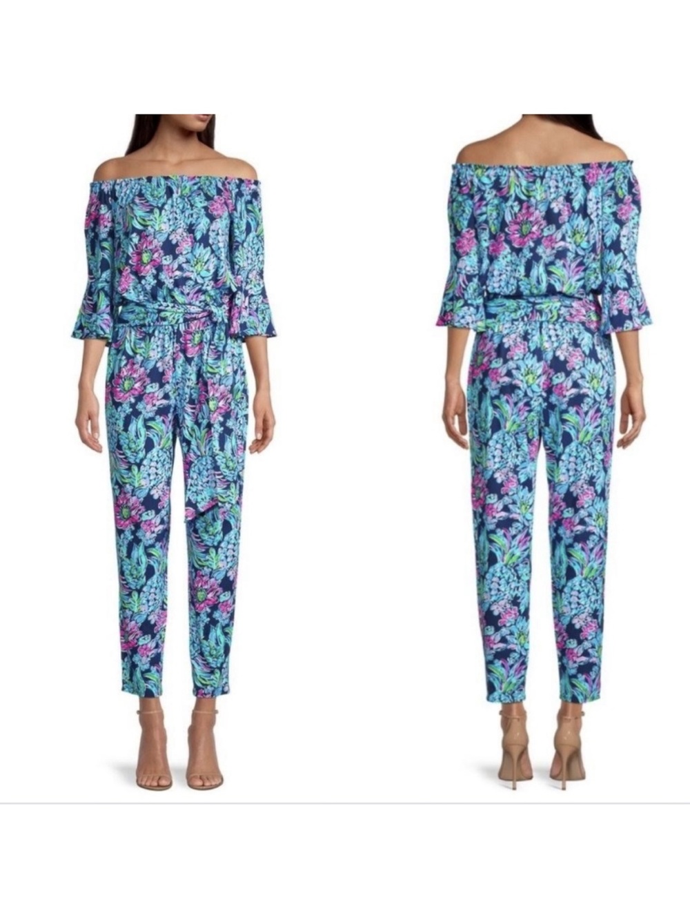 Lilly Pulitzer Calla Jumpsuit sz Small High Tide Navy Blue Pineapple Paradise